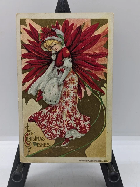 Vintage CHRISTMAS Embossed Postcard Victoria Poinsettia Woman Christmas Wishes