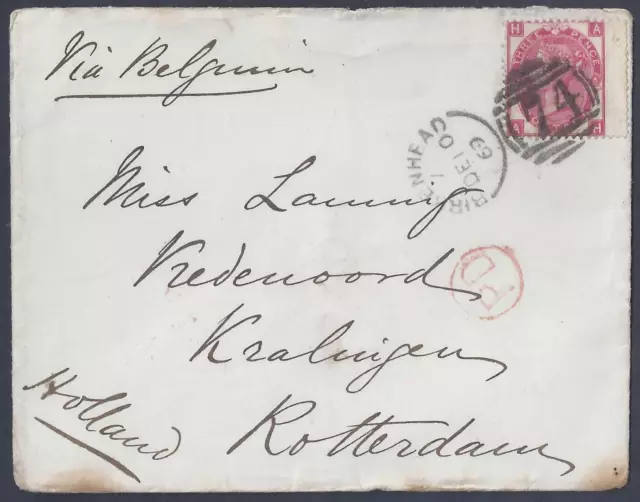 Uk Gb 1869 Postal History Sg 103 Plate 5 Tied Birtenhead To Rotterdam Via Belgiu