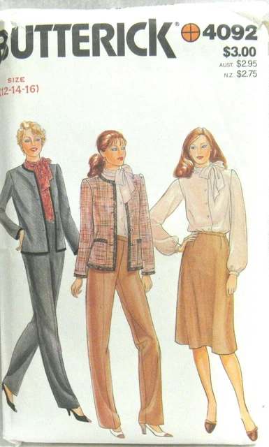 Vtg Butterick Pattern 4092 Lined Jacket Blouse A Line Skirt Straight Pants 12-16