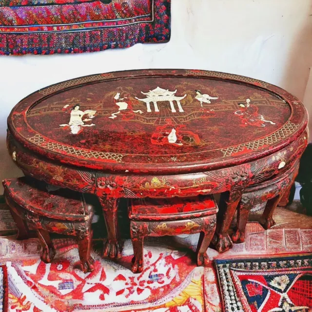 20th Century Chinese Carved Wood Mother of Pearl Tea Table Set 2