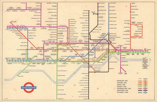 LONDON UNDERGROUND TUBE map diagram of lines South Acton HARRY BECK ...