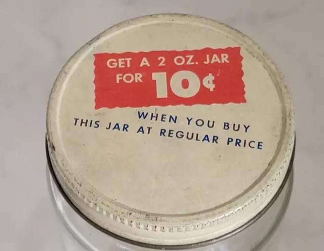Vintage ~ " Get a 2oz Jar for 10c"  ~  Glass Jar Bottle with Metal Lid ~ 4.75 in