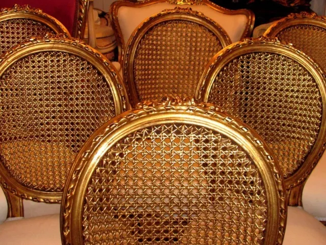 6 Gilded Louis XVI Vintage Cane Dining Chairs 3