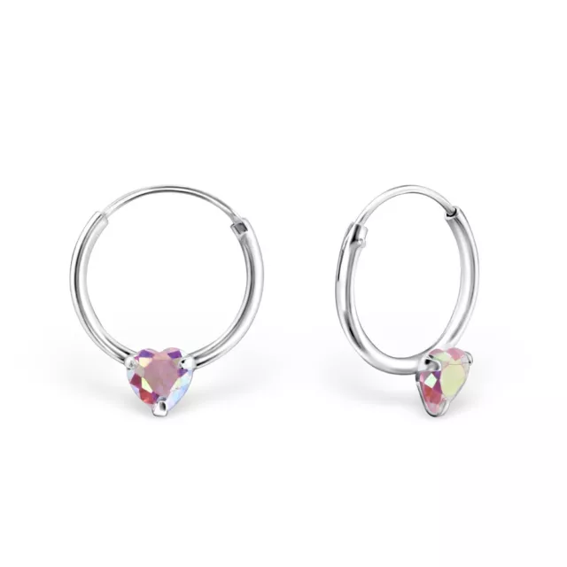 925 Sterling Silver Pink Crystal Heart Sleeper Hoop Earrings Kids Girls 12mm