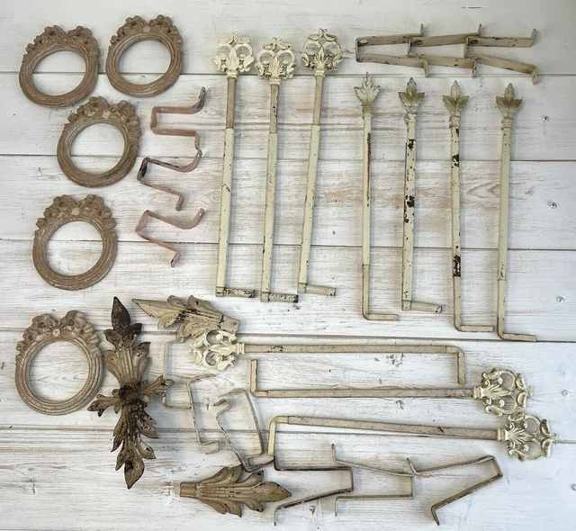 ( 10 ) Antique Decorative Swing Arm Curtain Rods w/ ( 13 ) Brackets Fabric Rings