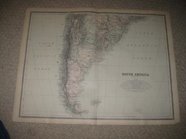 Huge Gorgeous Antique 1894 South Southern South America Handcolor Map Argentina
