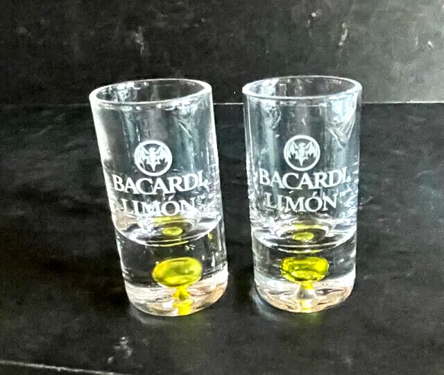 2 Bacardi Limon Shot Glasses 3" Lemon Drop in Bottom