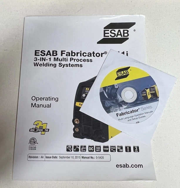 ESAB Fabricator 141i 3-in-1 Process Welder Operating Manual Book - DVD - Chart