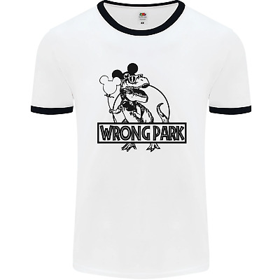 Wrong Park Funny T-Rex Dinosaur Jurrasic Mens White Ringer T-Shirt
