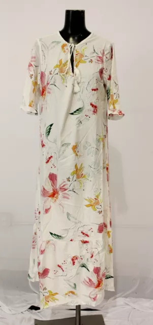 Noracora Women's Half Sleeve Floral Tie Neck Shirt Dress WR4 White Large NWT