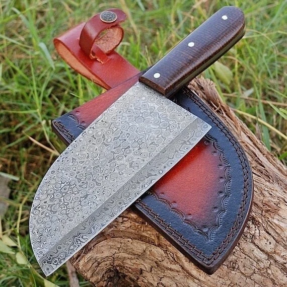 Damascus Steel Serbian Cleaver Knife - Handmade Full Tang