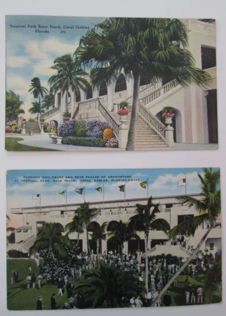 1938 + 1950 TROPICAL PARK RACE TRACK Coral Gables, FLORIDA / 2  LINEN POSTCARDS