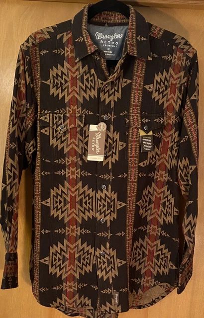 Wrangler Retro Premium  Shirt Mens Med. Jacquard Native Am. Print Pearl Snap NOS