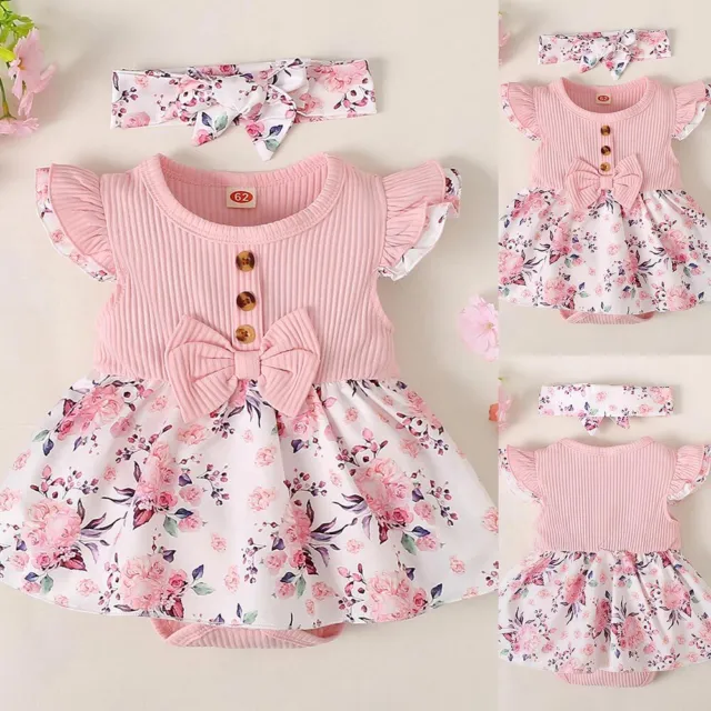 Newborn Baby Girl Floral Ruffle Ribbed Jumpsuit Romper Headband Outfit Dress Set