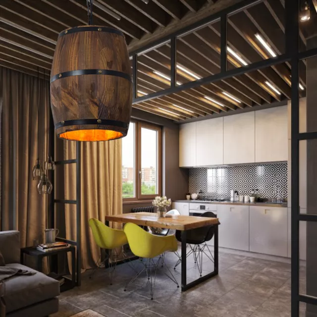 Wood Barrel Shaped Pendant Bar Cafe Light E27 Retro Hanging Light Ceiling Lamp