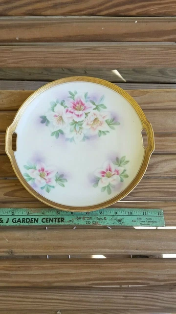 Vintage J.S.V Germany Hand Painted 10.5” Plate Floral Gold Open Handled