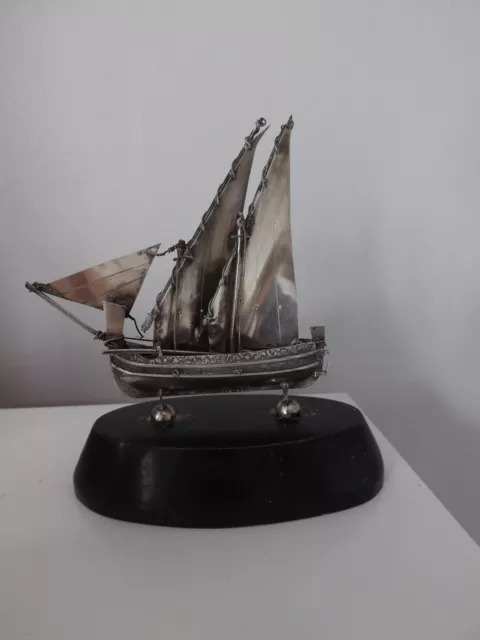 Silver 917 Maltese Small Model Ship on Wooden Plinth