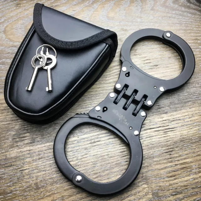Professional Double Lock Black Steel Hinged Police Handcuffs w/ Keys + CASE NEW