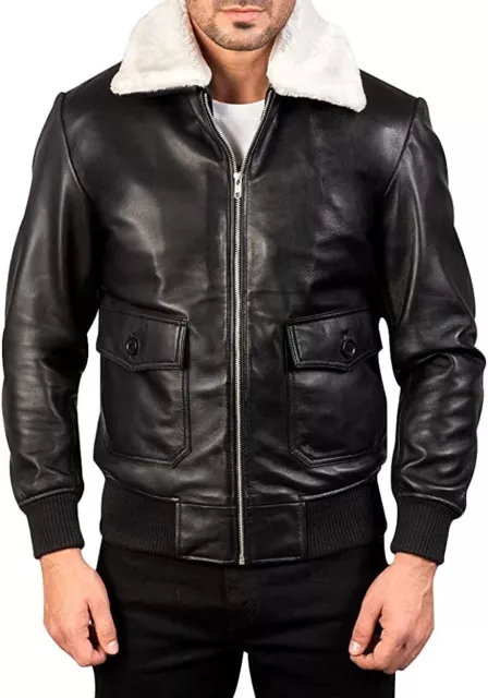 Mens A2 Bomber Genuine Leather Jacket Pilot Flight Aviator Air Force Black - Fur