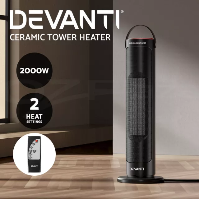 Devanti Ceramic Tower Heater Electric Portable Oscillating Remote Control 2000W