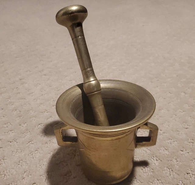 Antique Apothecary Mortar And Pestle Tool Solid Brass