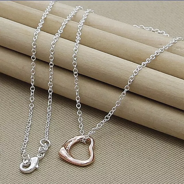 Elegant 925 Sterling Silver With Rose Gold Accent Heart Pendant Necklace Chain