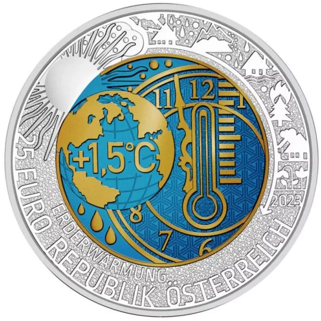 Austria Osterreich 25 Euros 2023 Niobio Y Plata Proof Calentamiento Global