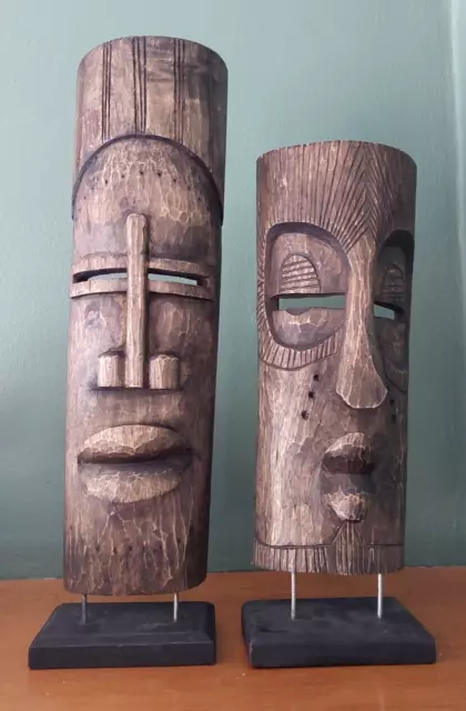 Vintage African Pair of Carved Tabletop Sculptures Masks