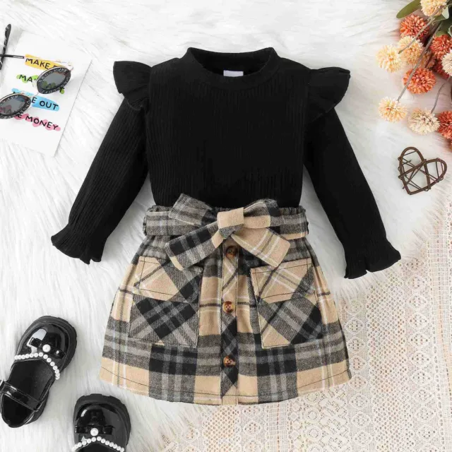 Kids Toddler Baby Girls Autumn Winter Cotton Long Sleeve Ribbed Tops Plaid