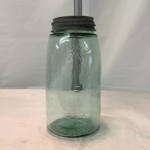 Masons patent nov 30th 1858 light green hero fruit jar cross quart jar with lid