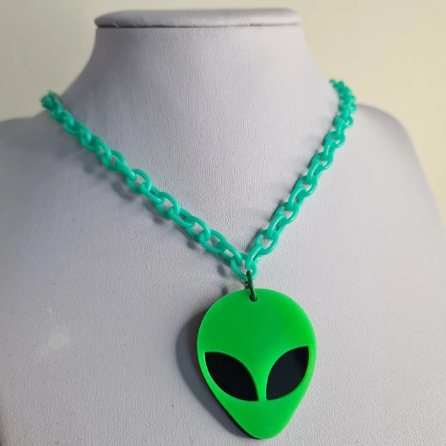 handmade acrylic green chain necklace with alien charm handmade acrylic green chain necklace with alien charm