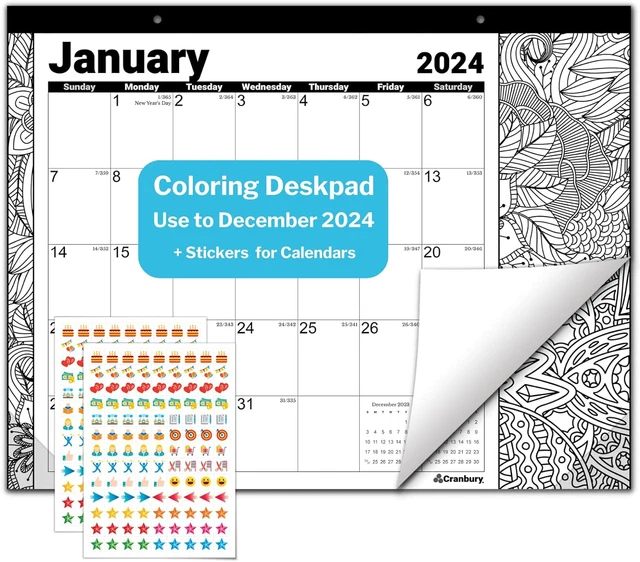 COLORING DESK CALENDAR 2024 (13.25X17) Use Now to Dec 2024, Doodle