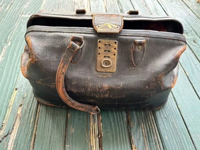 Vintage Doctor's Bag Black w/Patina Tools And Tonic Inside