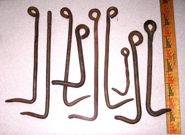 Antique OLD Vintage LOT of 14 Iron Gate Barn Door Hooks Latches Some with Catch 4