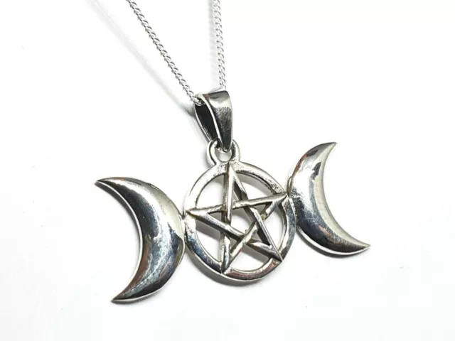 Pendentif Triple Lune Déesse 20" Chaîne en Argent Sterling 925 Pagan Wiccan...