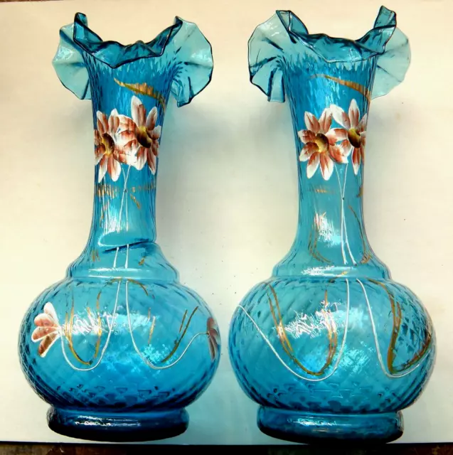 Stunning Pair 19th Century European Turquoise Blue Ruffled Glass Vases c.1885