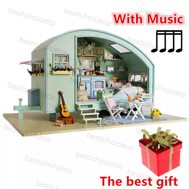 1:24 DIY Dollhouse Miniature Kit Caravan Travel Wooden Doll House with Music