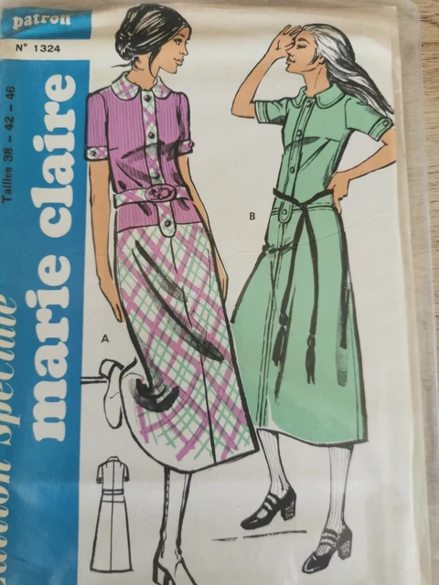 Patron De Robe Vintage MARIE CLAIRE Années 70, Décolleté Carré, Tailles 36 à 44 - Pour Couture Rétro Et Style Pop