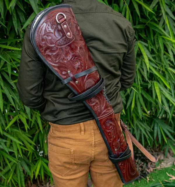 Genuine Leather Hand Tooled Rifle Cover Scabbard Shotgun Sleeve Dark Red Rifle