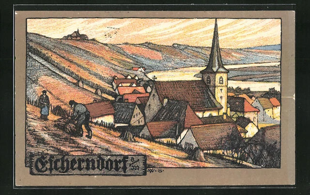Steindruck-AK Escherndorf a. M., Ortsansicht mit Blick ins Flusstal 1924