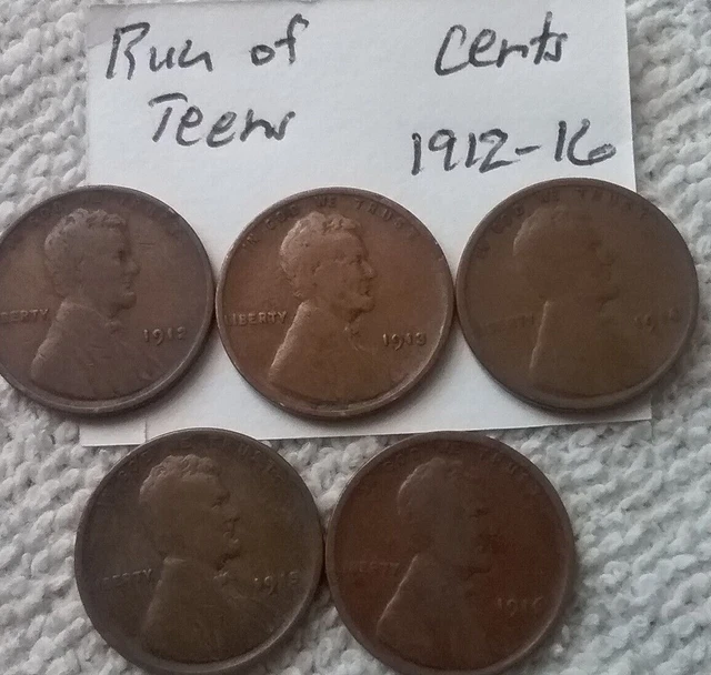 Lincoln Wheat Pennies from the Teens 1912-1916 Total of 5 Nice One Cent Coins