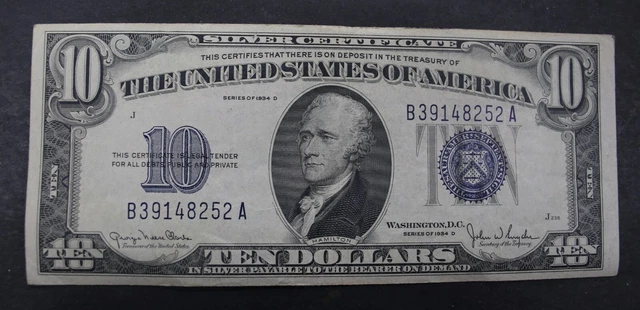 1934 D $10 Ten Dollar Silver Certificate Note Blue Seal