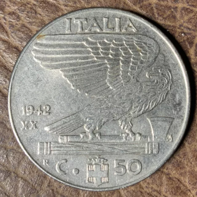 World War II Coins: 1 - Italian Fascist Mussolini C50 R centesimi XX coin 1942