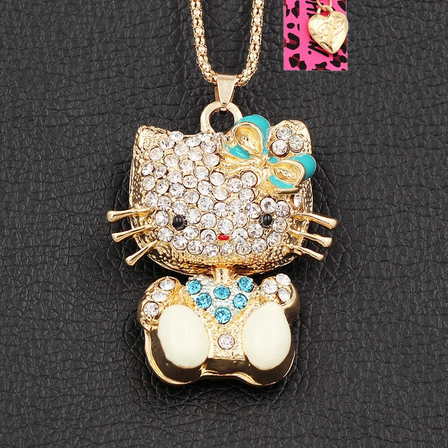 Betsey Johnson Enamel Crystal Cute Cat Kitten Pendant Sweater Chain Necklace