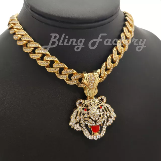 Gold Plated Tiger Head Pendant & 13mm Iced Cubic Zirconia Cuban Chain Necklace