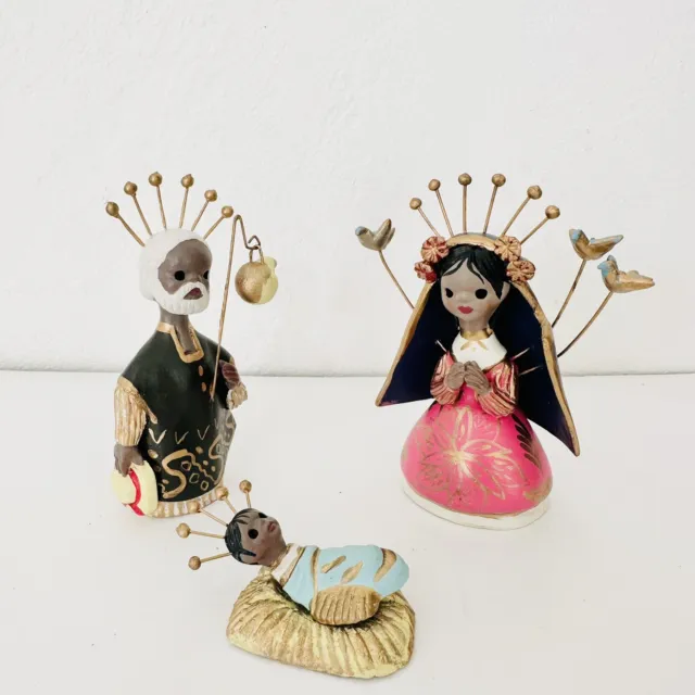Mexican Folk Art Pottery Nativity Figurine 3 Piece Mary Joseph Baby Traditional