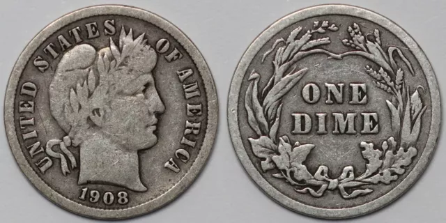 United States USA 1908 Barber Dime 10c Philadelphia Mint World Silver Coin