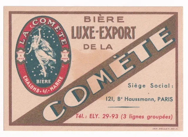 1948 Brasseries La Comete, Chalons-Sur-Marne, France Biere De Luxe Export Label