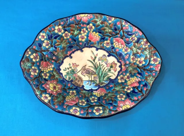 Ancien plat / corbeille / panière en émaux de LONGWY signé 29cm Céramique TBE