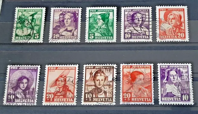Einzelmarken Schweizer Trachten gestempelt, von 1933 - 1941, TOP